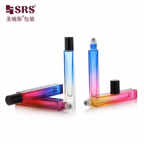 Prodotti in stock Bottiglie di lusso per profumo da 10 ml con sfera in metallo, forma quadrata, coperchio corto nero